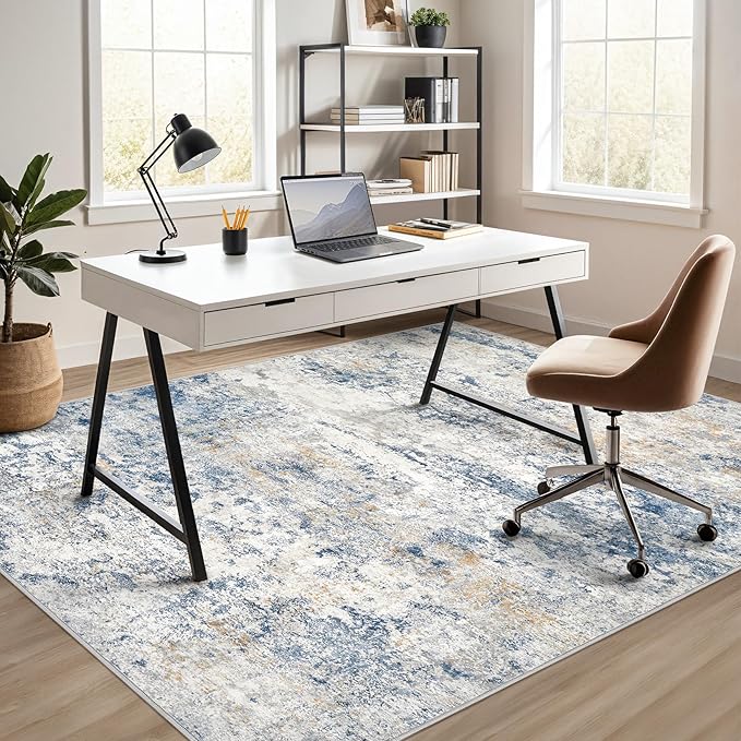 Area Rug Living Room Rugs - 4x6 Abstract Large Soft Indoor Washable Rug Neutral Modern Low Pile Carpet for Bedroom Dining Room Farmhouse Home Office - Blue