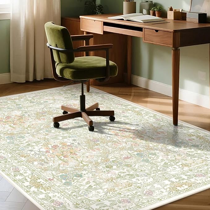Boho Sage Green Bedside 3x5 Washable Rug for Bedroom, Thin Botanical Vintage Area Rug for Large Entry, Dorm, Kitchen, Foyer, Mudroom, Laundry - Cottage Core Low Pile Non Slip Indoor Front Door Carpet