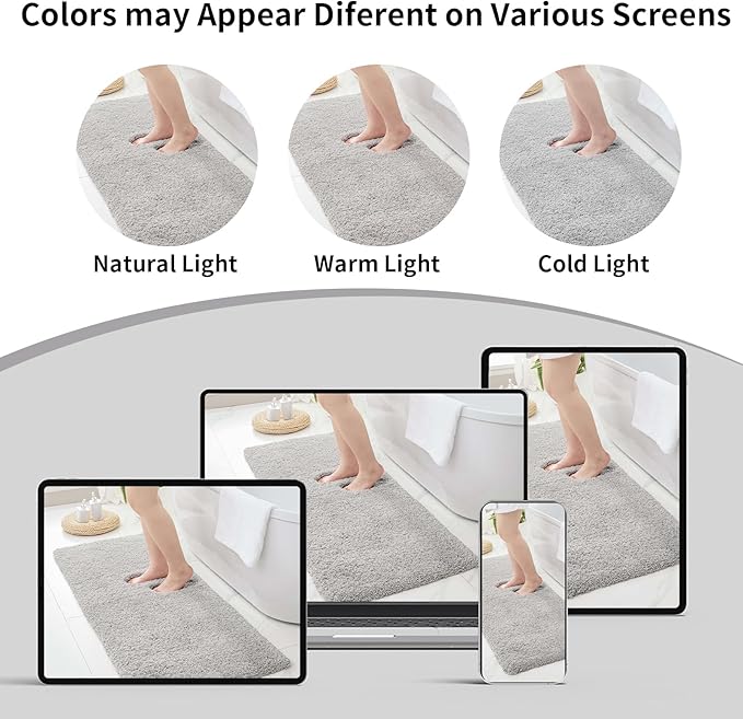 Small Bathroom Rug 17x24 Non Slip Gray Fluffy Bath Mat for Bathroom Floor Washable Plush Luxury Bath Rug for Tub Soft Shaggy Absorbent Shower Mat