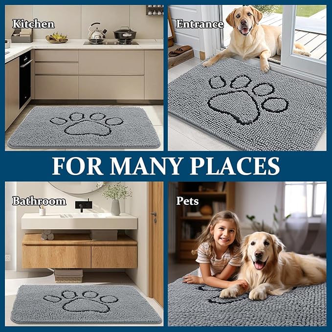 OLANLY Dog Door Mat for Muddy Paws 24x16, Paw Print Design, Absorbs Moisture and Dirt, Absorbent Non-Slip Washable Doormat, Quick Dry Chenille Mud Mat for Dogs, Entry Indoor Entryway Carpet, Grey