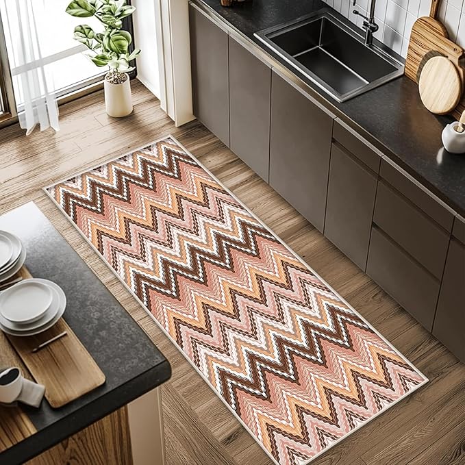 Brown Pink White Wave Runner Rug, 2.6x7ft Soft Tone Hallway Decor Carpet - Modern Home Corridor & Foyer Long Rug Non-Slip Mat, Washable Flannel Material, Bedroom Stylish Accent Rugs