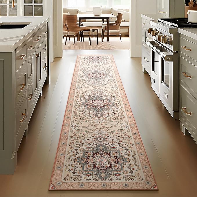 Phantoscope Washable Runner Rug 2'x10' Non-Slip, Vintage Boho Hallway Rugs for Entryway, Stair, Bedroom, Persian Floral Medallion Pattern, Low-Pile Foldable Floor Carpet, Ivory Rose/Fall Bloom