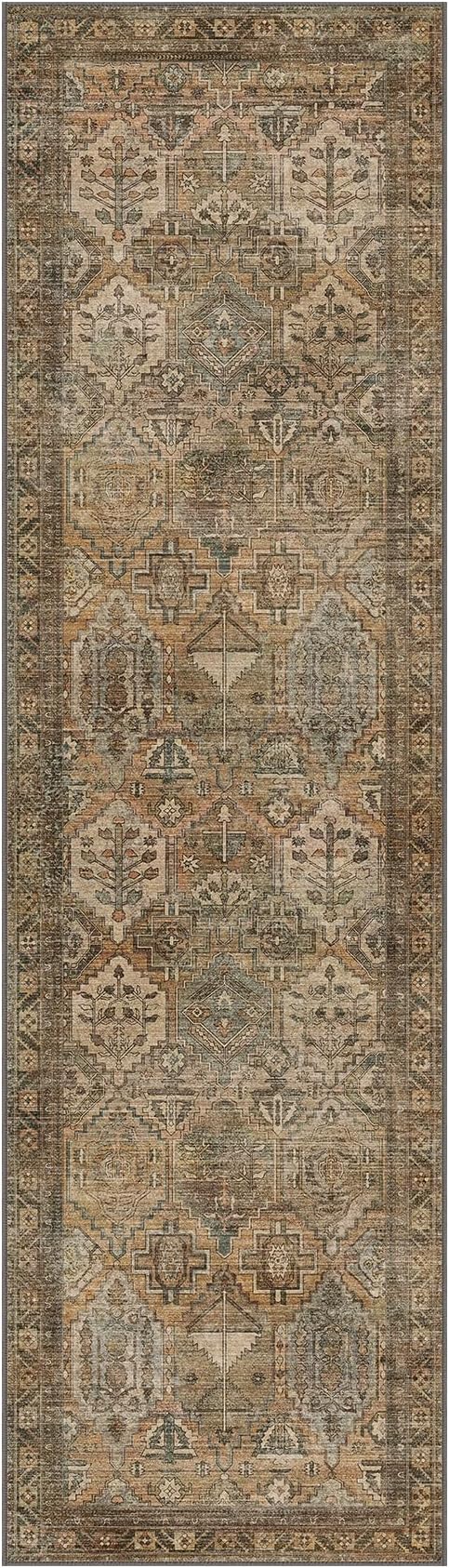 Bavni Kitchen Rug 2x7 Runner Rugs for Hallways Entryway, Washable Vintage Print Carpet, Ultra-Thin Chenille Low Pile Lightweight Rug with Non Slip Backing, Warm Taupe