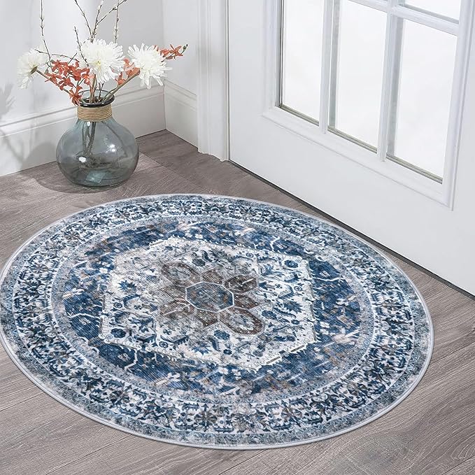 KOZYFLY Round Rug 3 Ft Rugs for Entryway Washable Circle Entrance Rug Non Slip Round Doormat Indoor Printed Faux Wool Round Front Door Mat Floor Carpet for Backdoor, Entryway, Bedroom, Blue