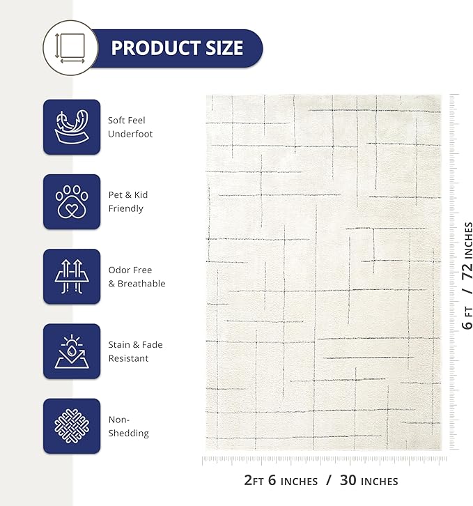 Abani Cream Area Rug – 3' x 5' – Oliver Collection – Striped Pattern – Non-Shedding, Easy to Clean – Durable for Living Room, Bedroom, or Office, Pet & Child Friendly