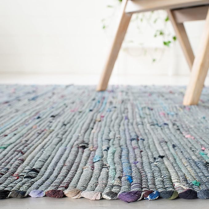 SAFAVIEH Rag Rug Collection Area Rug - 8' x 10', Aqua & Multi, Handmade Boho Stripe Cotton, Ideal for High Traffic Areas in Living Room, Bedroom (RAR121K)