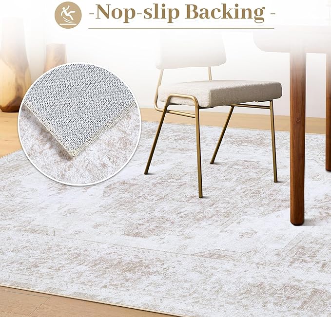 Bedroom Rug 3x5 Vintage Rugs, Machine Washable Small Area Rug Retro Medallion Distressed Rugs Non-Slip Soft Low Pile Throw Rug for Entryway Bedroom Bathroom Hallway Kitchen(Beige,3'x5')