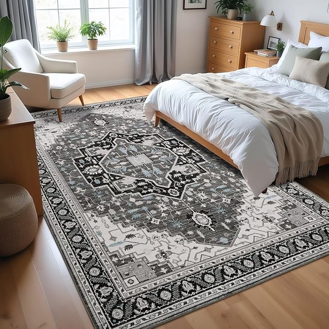 3x5 Black Grey Area Rug for Living Room, Machine Washable Rugs with Non-Slip Backing for Bedroom, Vintage Medallion Carpet Kitchen Laundry Kids Room Decor