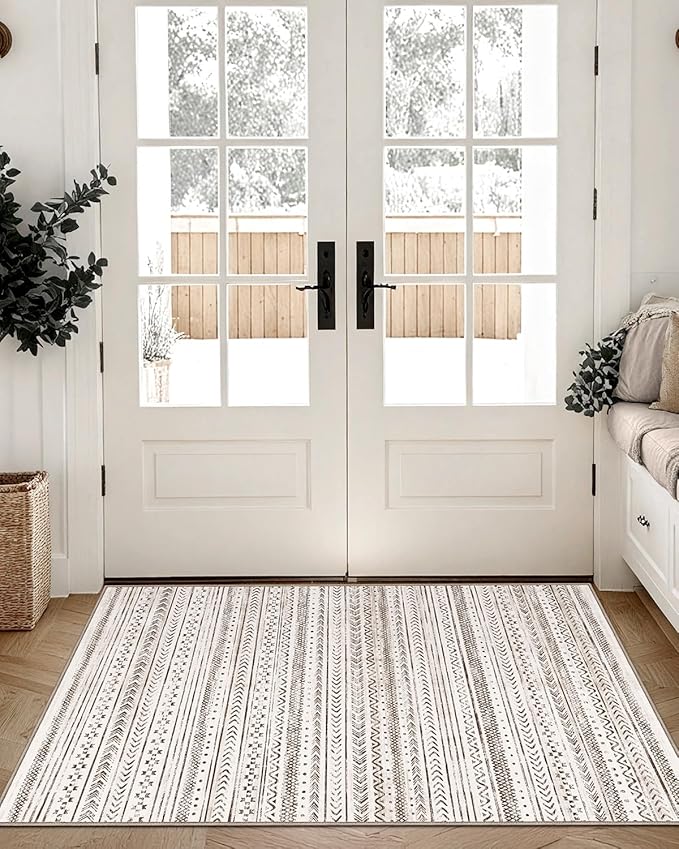 LUMI Ultra Thin Door Mat, 36x59 Non Slip Indoor Doormat Entrance Washable Rugs Entryway Oriental Vintage Soft Carpet for Kitchen Bedroom Front Door, White and Brown