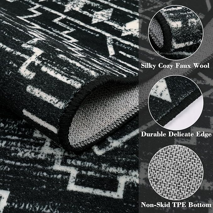 Wonnitar Moroccan 8x10 Area Rugs for Living Room, Washable Large Black Rug for Bedroom, Non-Slip Soft Thin Stain Resistant Boho Tribal Floor Carpet for Dining Guest Room Office (Black,8'x10')