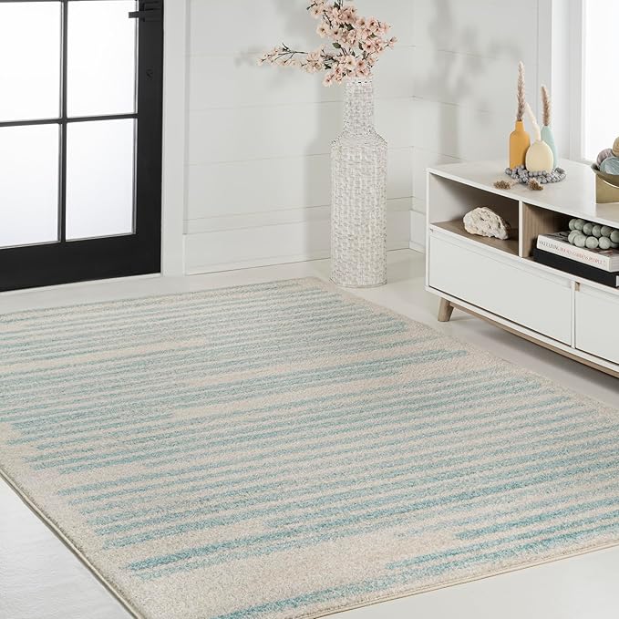 JONATHAN Y Khalil Modern Berber Stripe Cream/Turquoise Indoor Area Rug, 4x6, Contemporary, Bohemian, Easy-Cleaning for Living Room, Bedroom, Kitchen, Pet Friendly, Non-Shedding (MOH207B-4)