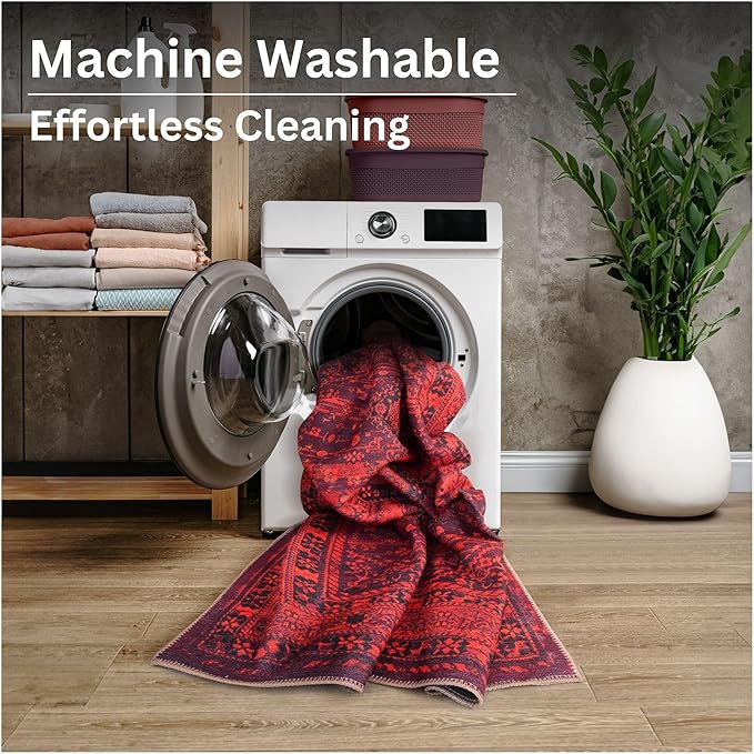 Bloom Rugs Washable Non-Slip 3' x 5' Rug - Red Traditional Bordered Area Rug for Living Room, Bedroom, Dining Room, and Kitchen - Exact Size: 3' x 5'