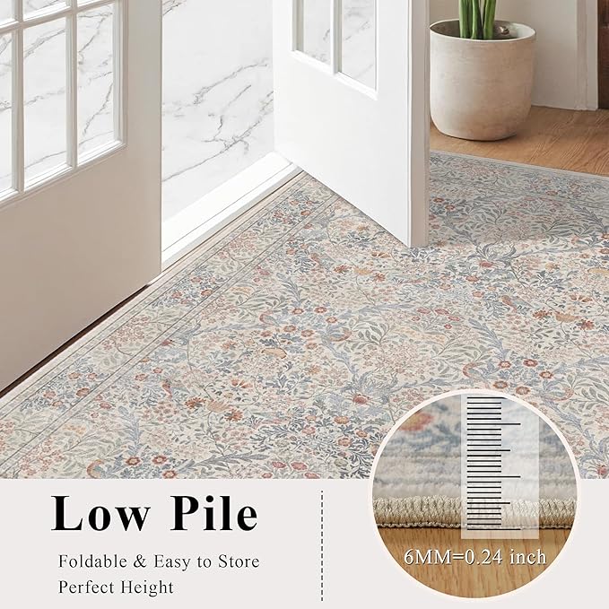 6x9 Floral Washable Area Rugs for Living Room, Vintage Boho Large Rug for Bedroom Dining Room， Distressed Botanical Birds Non Slip Low Pile Forest Animal Throw Carpet for Farmhouse Office, Beige Blue