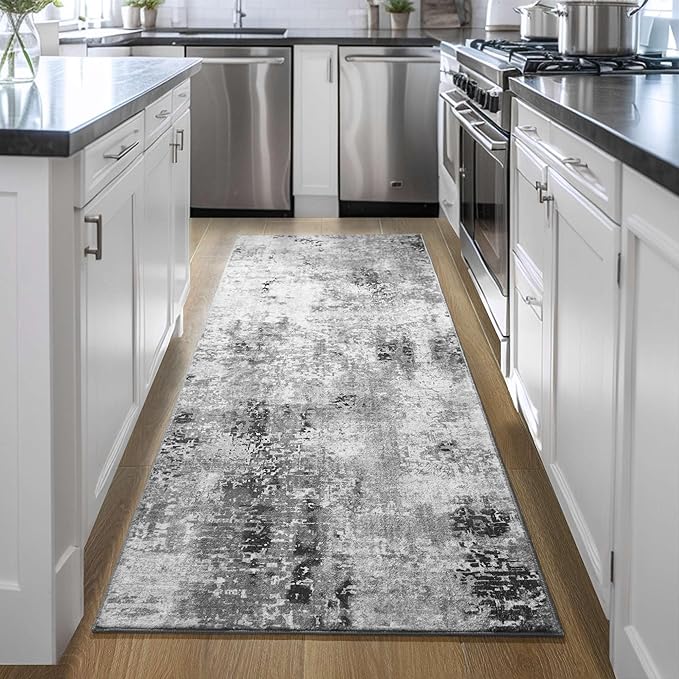 Ompaa Non Slip, Washable, Soft Abstract Long Carpet Runner Rug with Rubber Backing for Hallways, Kitchen, Bedroom, Bathroom, Entryway, Grey, 2x6 ft