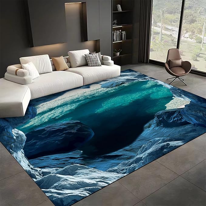Blue Cave 3D Rugs for Bedroom, 3x5ft, Illusion Natural Landscape Blue Water Pool Entryway Rug, Rubber Backed Non Skid Low Pile Carpet，Foldable Soft No Crease Mats for Sofa Indoor