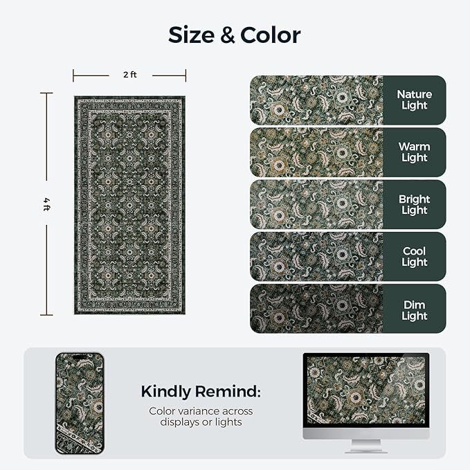 WITSHOCK Washable 2x4 Entryway Area Rug: Soft Non-Slip Backing Washable Rugs Vintage Flower Boho Accent Small Rugs for Bedroom, Kitchen, Bathroom, Nursery Entrance,Dark Green