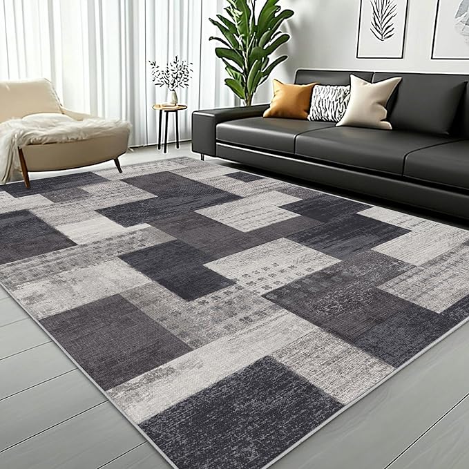 Modern Geometric Patchwork Indoor Area Rug for Living Room, Charcoal 9'x 12' Large Rug Rockwood Collection Hardwood Floors Decor for Bedroom, Grey Throw Carpet for Office Entryway Dining Room