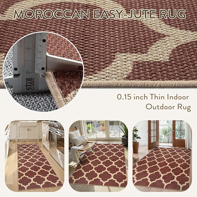 Lahome Moroccan Outdoor Rug 5x7, Easy Jute Red Washable Rugs for Patio Living Room Outdoor Decor, Geometric Woven Area Rug Non Slip for Backyard, Thin Farmhouse Carpet for Bedroom Dining Room