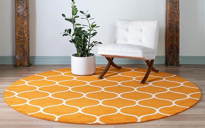 Rugs.com Lattice Frieze Collection Rug – 5' Round Orange Medium Rug Perfect for Kitchens, Dining Rooms