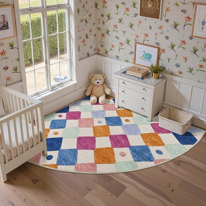 jinchan Macy Kids Rug for Nursery 6ft Radius Corner Washable Area Rug Modern Colorful Quarter Circle Rug Soft Non-Slip Carpet for Bedroom Playroom Daycare Reading Nook Classroom Berries on Cream