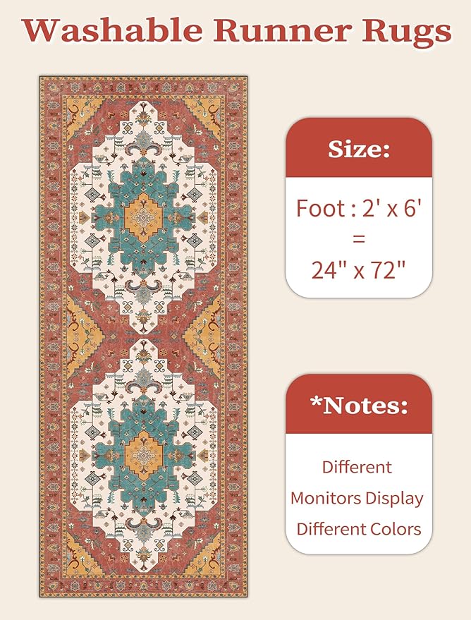 SERISSA Boho Washable Runner Rug, 2x6 Rug Non-Slip Vintage Orange Hallway Kitchen Runner Rug Ultra Soft Print Distressed Floor Carpet for Bedroom Bathroom Laundry Living Room