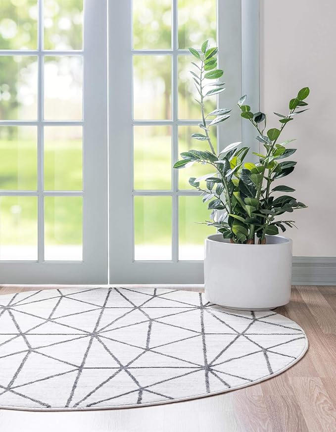 Rugs.com Lattice Trellis Collection Rug – 3 Ft Round White Low-Pile Rug Perfect for Kitchens, Dining Rooms
