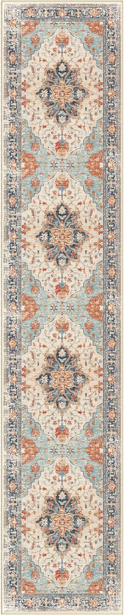 Area Rugs 2'6''x10' Washable Non-Slip, Floral Vintage Distress Print Pattern Medallion Carpet for Living Room Bedroom Dining Room, Beige Navy Blue Orange Colorful