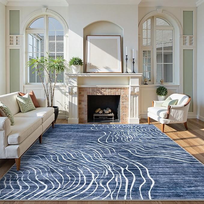 LIVEBOX 8x10 Modern Area Rugs for Living Room, Abstract Non-Slip Washable Rugs, Minimalist Wave Striped Neutral Boys Girl Nursery Area Rug for Bedroom, Carpet for Playroom Office(Navy Blue,8'x10')