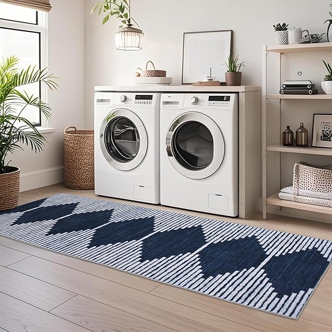 HelloTree Hallway Runner Rug，2x6 Moroccan Modern Stripe Carpet Washable Machine Bathroom Runner Bohemian Design Modern Soft Non Slip Indoor Rug for Entryway Hallway Laundry Room Bedroom-Blue