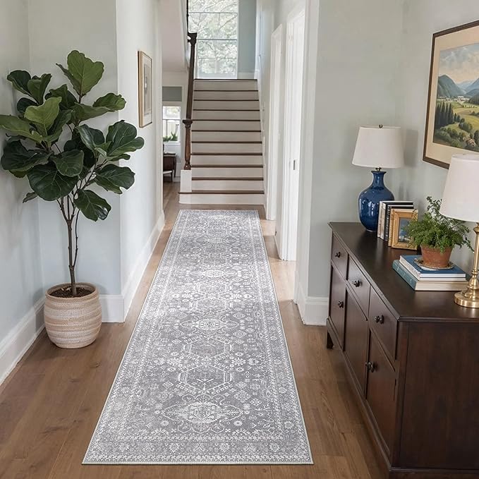 Bavni Washable Runner Rug 2’6”x10, Non Slip Vintage Hallway Runner, Ultra Thin Low Pile Washable Carpet for Kitchen Entryway Bedroom, Grey