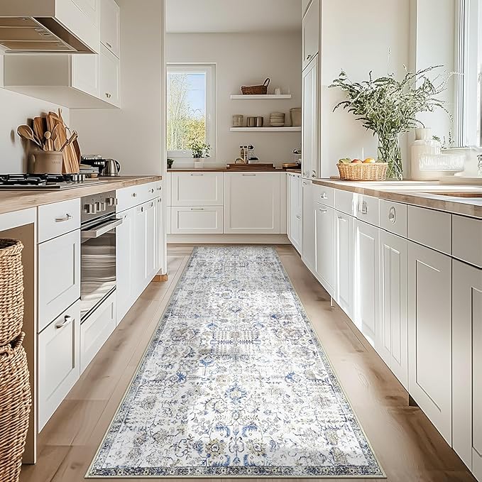 jinchan Kalen Runner Rug 3x7 Washable Hallway Rug Vintage Runner Indoor Floor Cover Thin Retro Distressed Floral Country Non Slip Carpet for Entryway Bathroom Kitchen Bedroom Living Room Stairway Blue