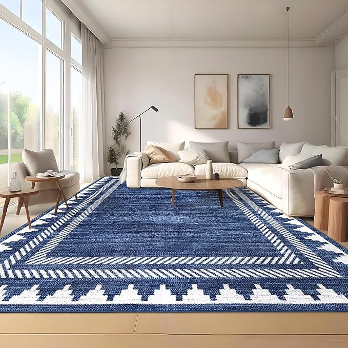 Bordered Printed 10x13 Washable Area Rugs for Living Room Modern Non Slip Foldable Soft Indoor Carpet Geometric Stain Resistant Dining Room Bedroom Large Indoor Rugs, Blue