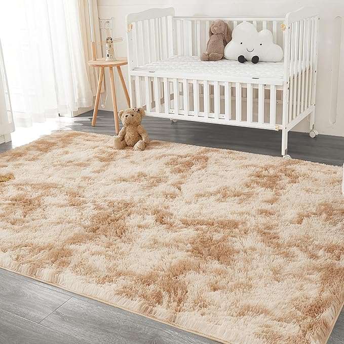 Andency Area Rugs 9x12 for Living Room Home Decor, Large Shaggy Bedroom Carpet, Non-Slip Big Shag Indoor Thick Soft Fluffy Furry Fur Area Rugs for Kids Dorm Nursery Aesthetic, Tie-Dyed Beige