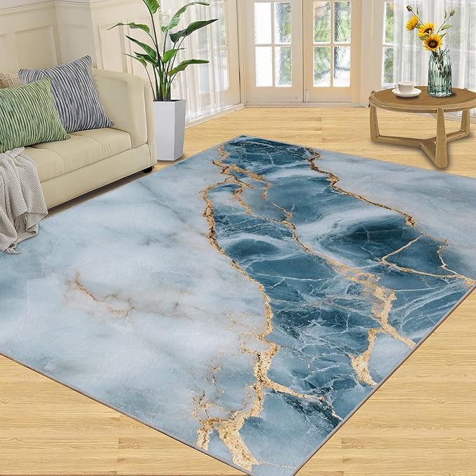 5x6 Abstract Marble Rugs for Office - Blue-White-Marble Living Room Carpet, Luxury Stone Pattern Bedroom Area Rug Kids Low Pile Rug for Indoor Outdoor Hardwood Floors Home Decor