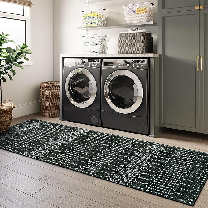 Lahome Moroccan Black Washable Runner 2x5 Non-Slip Lightweight Laundry Room Rug Throw Soft Long Bathroom Rug, Geometric Print Carpet Runners for Kitchen Hallway (Black, 2'x5'')