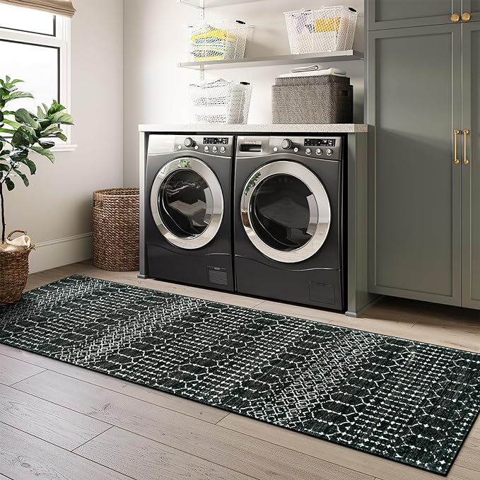 Lahome Moroccan Black Rug 2x8 Washable Non-Skid Kitchen Floor Runner, Low-Profile, Non Slip, Geometric Print Distressed Entryway Runner for Hallways, Laundry Room, Foyer