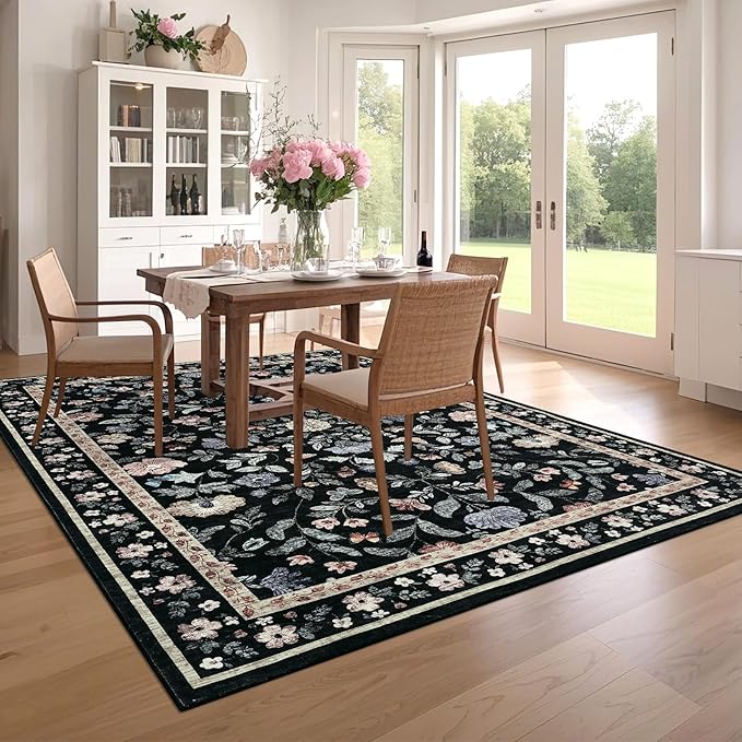 GarveeHome Floral Rug 4 x 6, Non-Shedding Indoor Foldable Printed Rug for Bedroom Kitchen, Non-Slip Soft Vintage Throw Low Pile Farmhouse Washable Carpet, Black