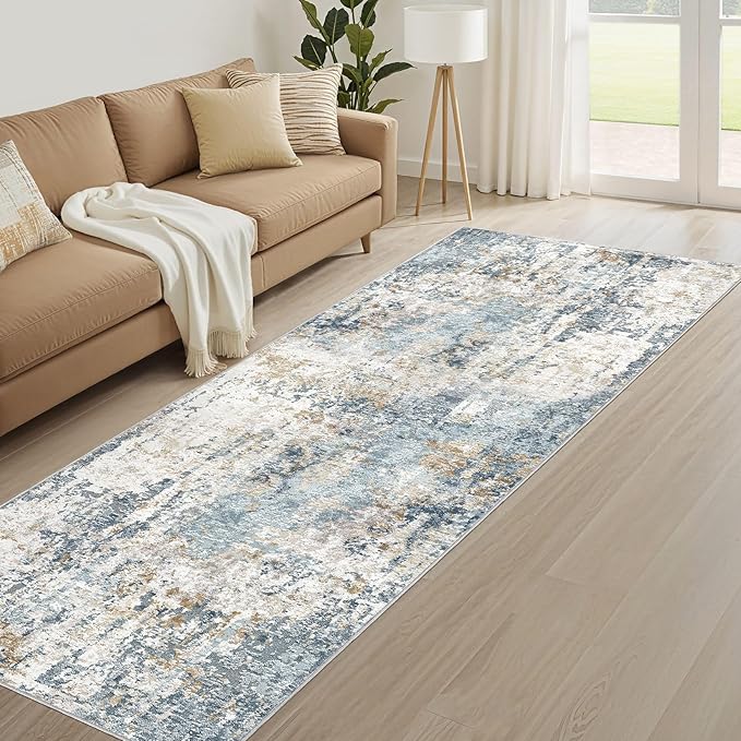Runner Rug Non Slip Rugs: 2x6 Hallway Kitchen Washable Abstract Soft Modern Stain Resistant Indoor Floor Neutral Accent Throw Carpet for Bathroom Laundry Room Entryway Bedroom- Blue