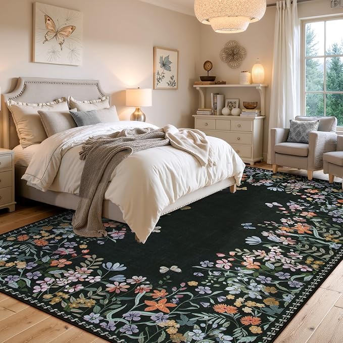Wonnitar Washable 5x7 Rug, Black Botanical Area Rugs for Living Room, Non-Slip Soft Rug for Bedroom, Vintage Low Pile Dining Room Floral Rug Carpet for Bedside Mud Room (Black,5'x7')