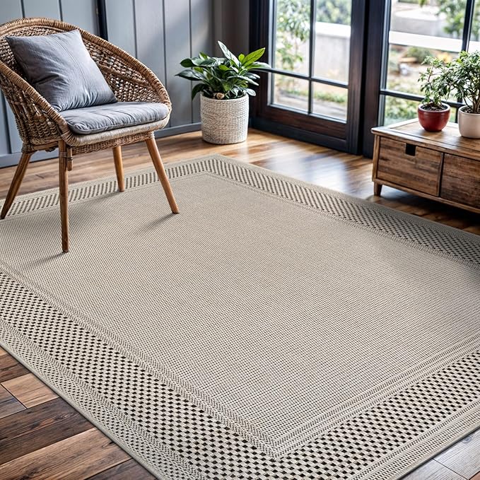 CAMILSON Easy Jute Rug 5x7, Indoor Outdoor Off-White Color Fiber Area Rugs for Living Room Patio and Kitchen Rug Bordered Boho Woven Design, Easy-Cleaning, Washable Outside Carpet (5 x 7)