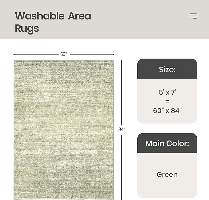 Valenrug Washable Rug 5x7 - Stain Resistant 5x7 Area Rugs for Living Room, Non Slip Backing Printed Rugs for Bedroom, Folable Machine Washable Area Rug (5'x7', Green)