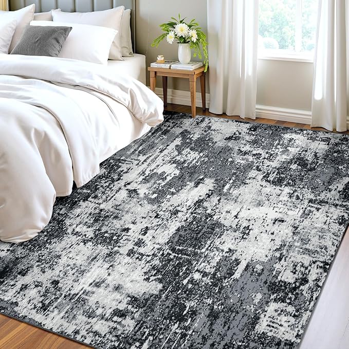 Washable Area Rugs 4'x6' Non-Slip Modern Abstract Soft for Living Room Entryway Bedroom Nursery, Print Pattern, Black Gray