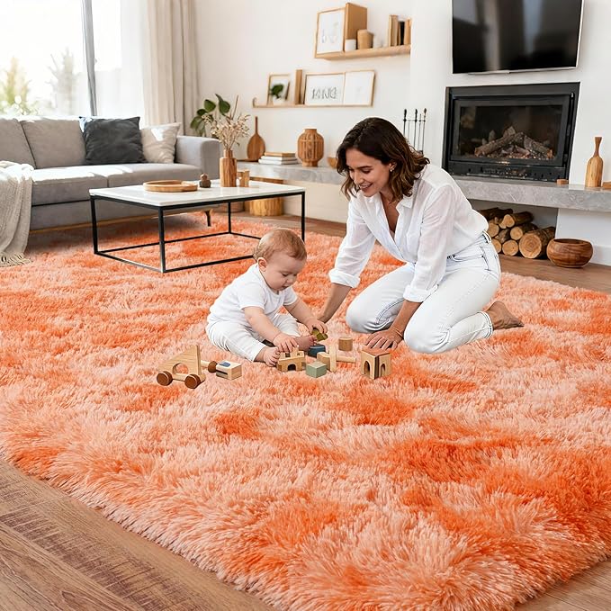 Upgrade Non-Slip Plush Rugs for Living Room, Soft Shaggy Carpets for Living Room, Fuzzy Rugs for Kids' Room, Perfect Decor for Modern Home Tie Dye Orange 5x7Feet