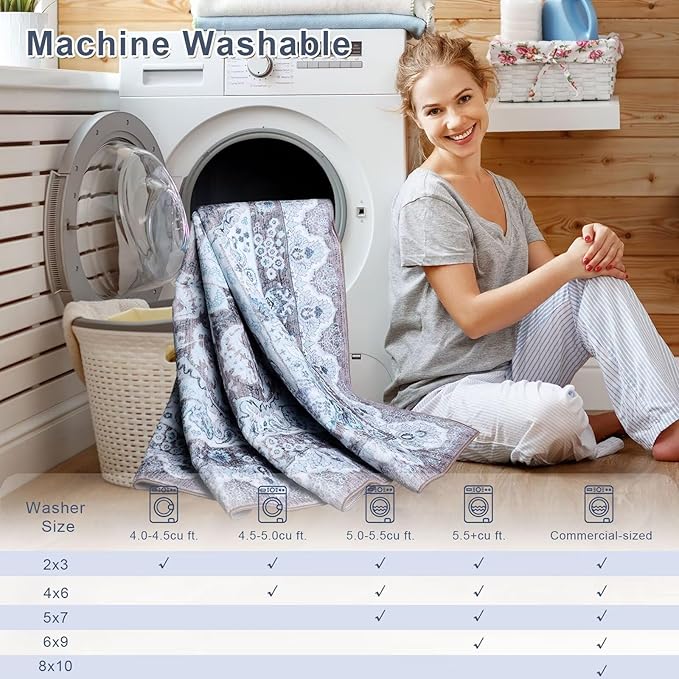 6x9 Area Rug for Bedroom, Machine Washable Rugs with Non-Slip Backing for Living Room, Large Vintage Carpet Kitchen Laundry Kids Room Decor, Blue & Brown