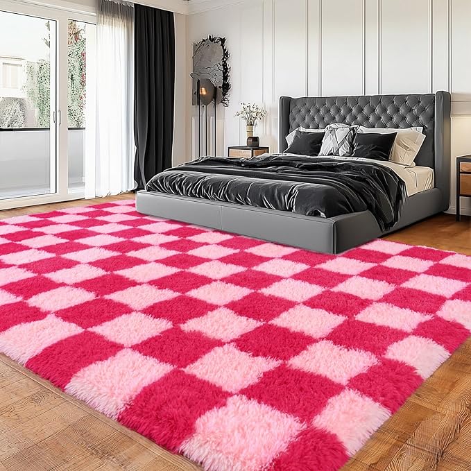 Area Rugs for Living Room, Soft Shaggy Carpets for Living Room, Fuzzy Rugs for Kids' Room, Perfect Decor for Modern Home Hot Pink Grid 6x9 Feet