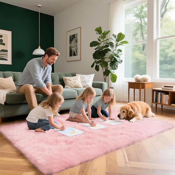 3x5 Solid Fluffy Pink Area Rug – Washable, Durable, Living Room Rug, Non-Slip High Pile Shag Rugs for Bedroom, Living Room, Bedside, Dorms, Nursery Rooms, Kids Room, Soft Indoor Floor Carpet