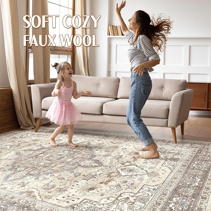 7x9 Area Rug Living Room: Washable Boho Large Neutral Vintage Soft Rugs Stain Resistant Farmhouse Non-Slip Indoor Floor Carpet for Bedroom Nursery Kids Playroom Office Dining Room- Beige Brown