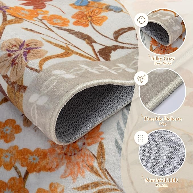 Wonnitar Floral Washable Area Rug 4x6 Halloween Rug, Non-Slip Soft Fall Rugs for Bedroom, Low Pile Botanical Nursery Rug Carpet for Bedside Kids Room Dorm Decor (Orange,4'x6')