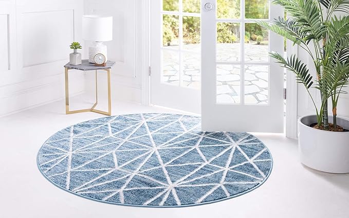 Rugs.com Lattice Trellis Collection Rug – 8 Ft Round Blue Low-Pile Rug Perfect for Kitchens, Dining Rooms