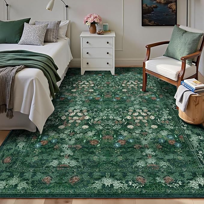 Green Boho Living Room 5x7 Area Rug, Floral Washable Vintage Distressed Rug for Dining Room Under Table, Bedroom, Nursery, Home Office - Low Pile Non Slip Art Deco Carpet, Farmhouse Accent Mat